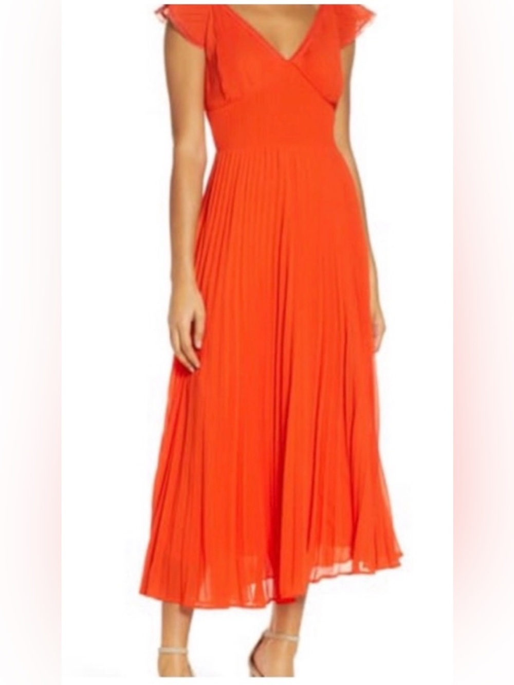 foxiedox Vibrant Red Pleated Maxi Dress with Flutter Sleeves
